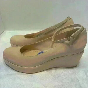 BCBGIRLS Pale Blush Pink wedge heel with ankle strap, size 7
